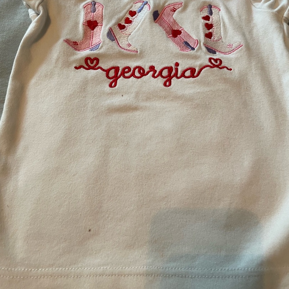 Georgia monogram white Short Sleeve Tee with Red, pink cowboy boots Design